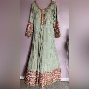 Green and pink embroidered bridal maxi gown and dupatta